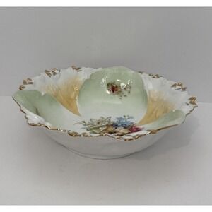 RS Prussia Porcelain Bowl Flowers Pink Blue Gold Trim 10.5" Diameter Vintage